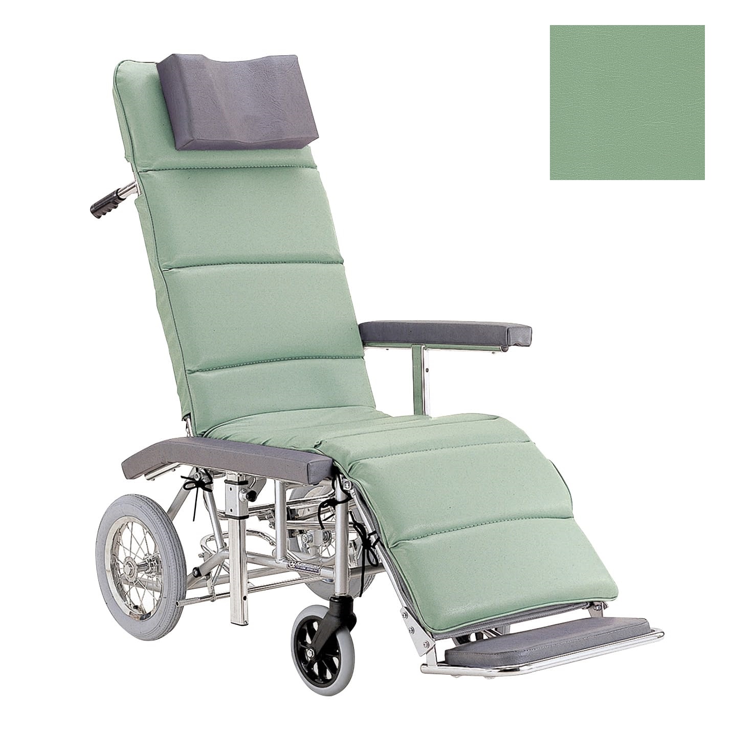 リクライニング車いす(介助用) 介助ブレーキ付 06-2726-0002 緑No．43(ビニールレザー) カワムラサイクル RR60NB(アルミセイ)