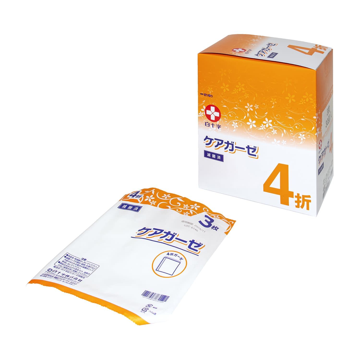 ケアガーゼ4折(3枚×30袋)滅菌 4折 25-2910-01 白十字 10162(30X30CM)