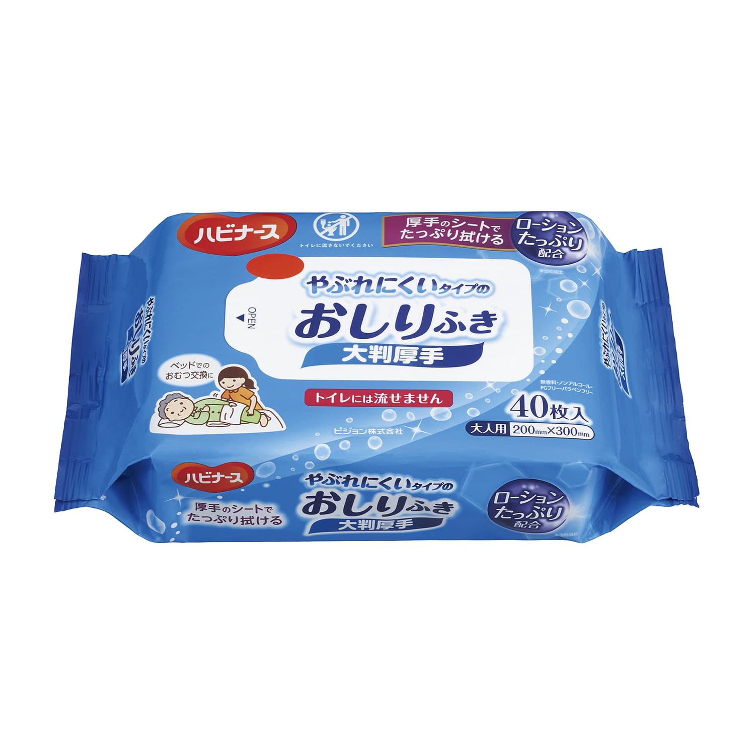 やぶれにくいタイプのおしりふき(大判 ふき取りシート 24-6673-00 ハビナース 1005635(40マイ)