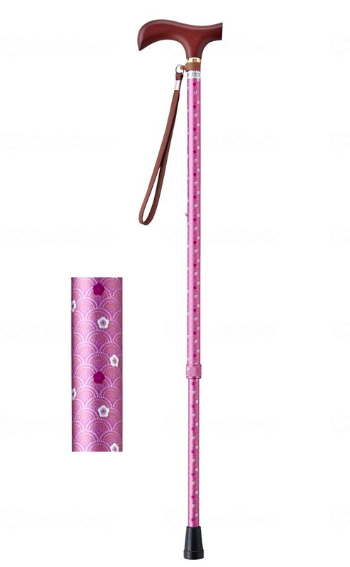 【中古品】フローラルパターンのピンク色の杖 夢ライフステッキ 柄杖伸縮型 梅青海波ピンク ウェルファン 009714