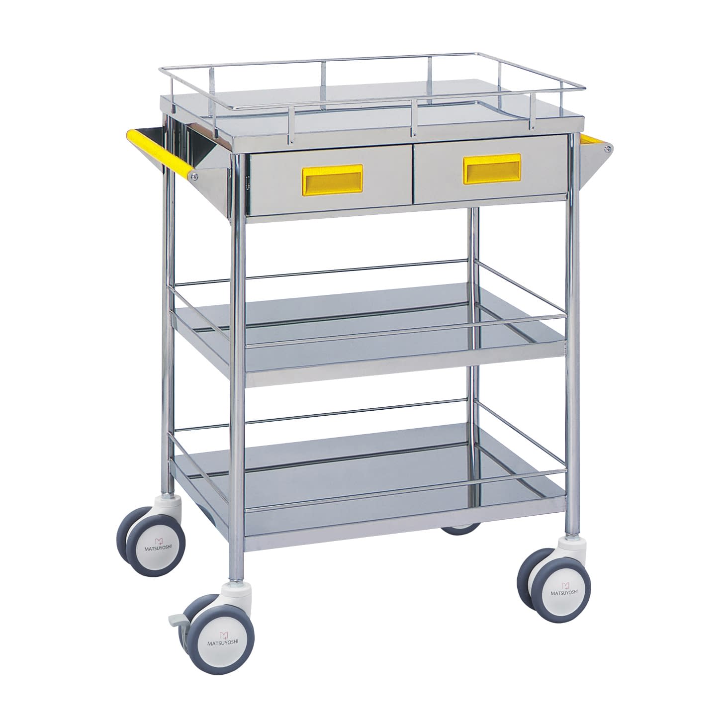 マツヨシ カラー回診車 引出付三段 カート(回診車) 20-4002-06 MATSUYOSHI MY-1107Y(イエロー)W750MM