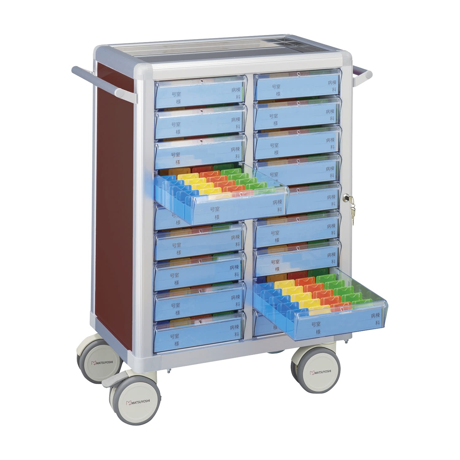 マツヨシ与薬カート(鍵付)18床用 18床用(2列×9段) 投薬カート 23-7001-0004 ブラウン MATSUYOSHI MY-NIKS18(コマタイプ)