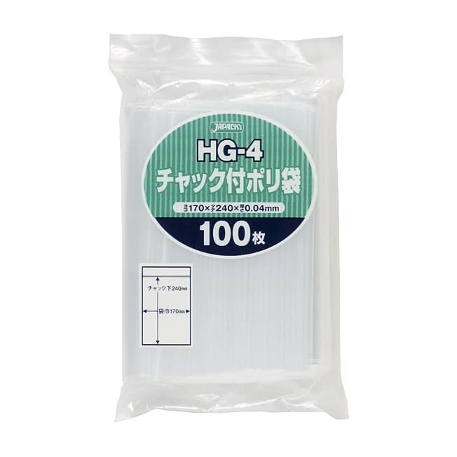 チャック付ポリ袋 24-2881-07 ジャパックス HG-4(240X170MM)100マイ