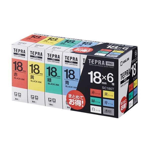 ラベルライターテプラPROテープ ベーシックパック 24-7336-03 テプラPRO SC186T(ベーシックパック6コ)